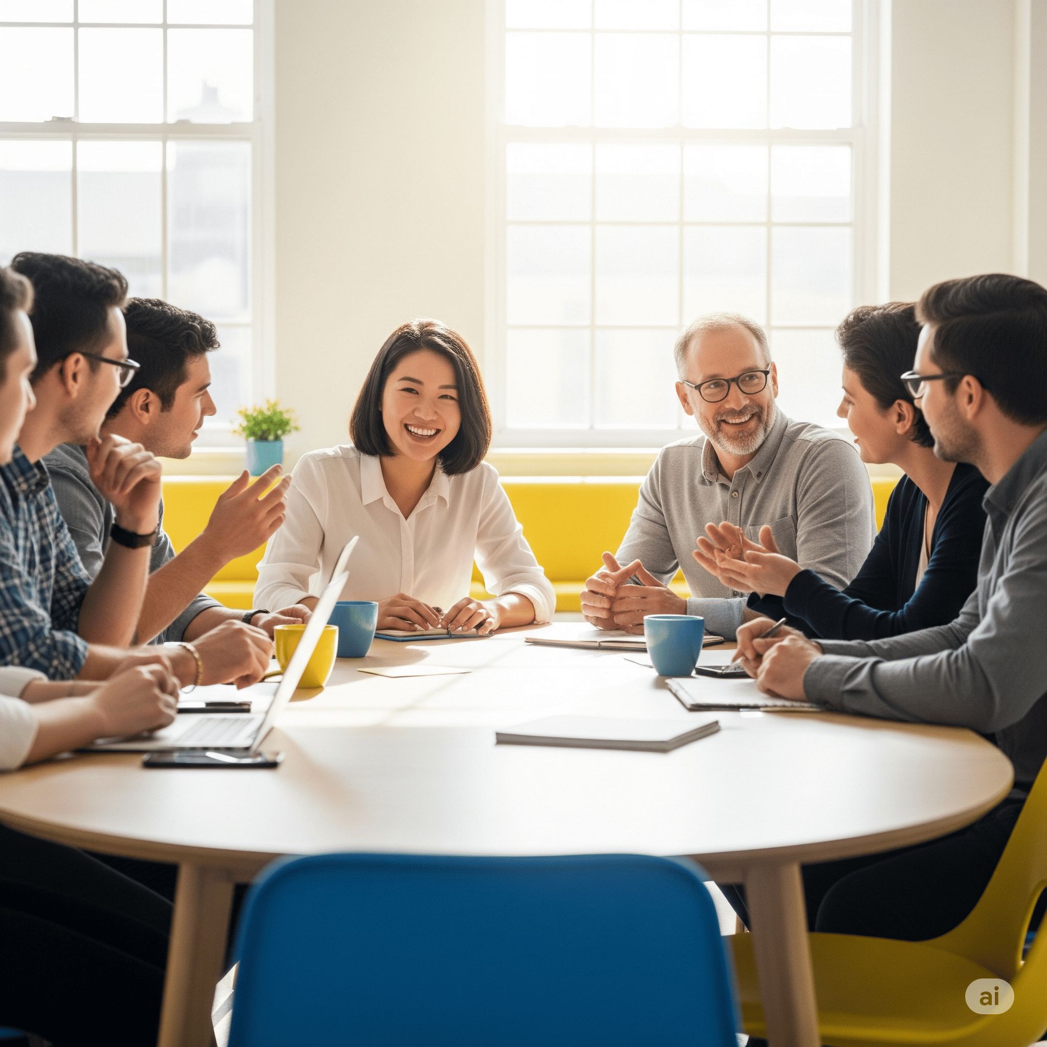 Grupo de colegas de trabalho interagindo de forma genuína em uma sala de reuniões clara e arejada.